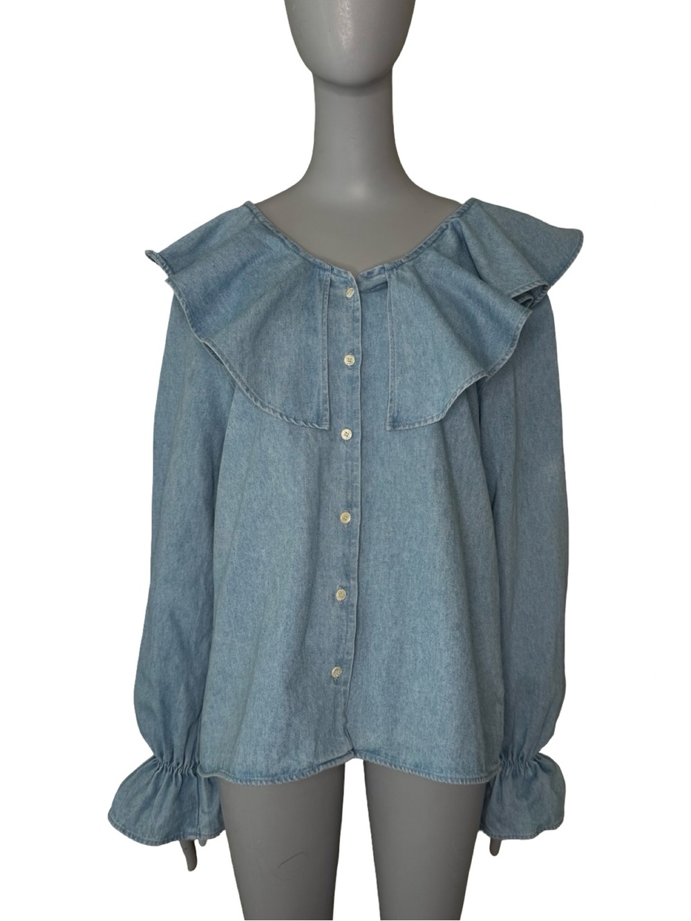 Vintage 80’s White Stag Denim Ruffle Collar Top Blouse | Made in USA 100% Cotton